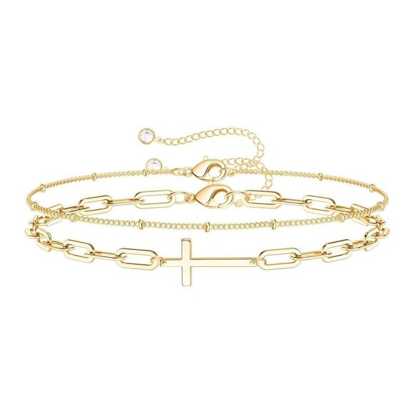 18K Gold Plated Stainless Steel Multi Strand Cross Bracelet Women's Spiritual - Picture 1 of 9